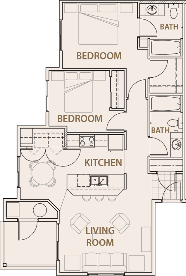 Floor plan for 2 beds, 2 baths, 965 sqft